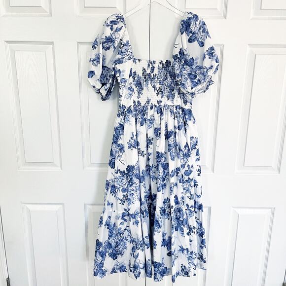 Abercrombie & Fitch Emerson Poplin Puff Sleeve Midi Dress in Blue Floral - Picture 9 of 10